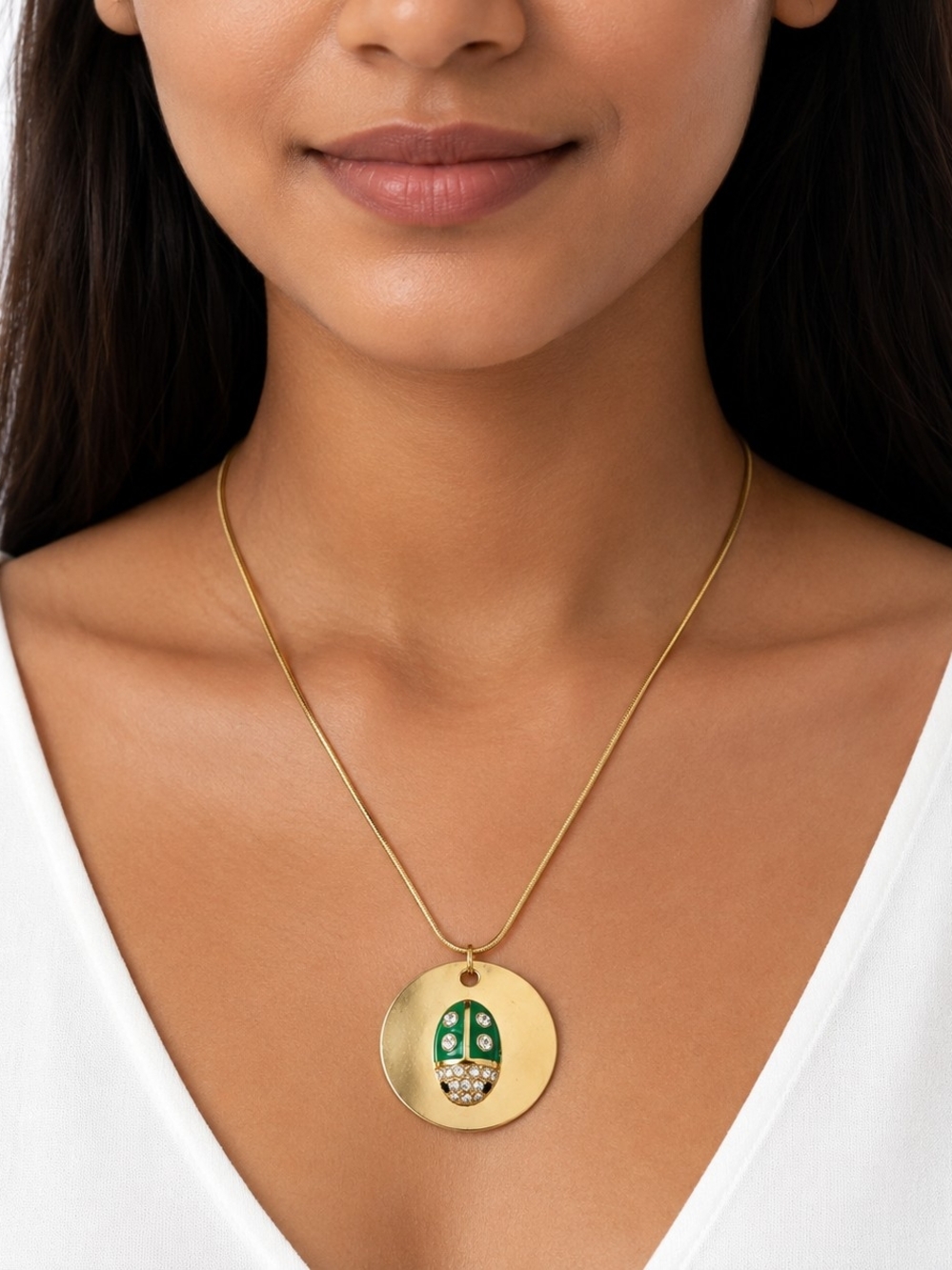 Gold Tone Green Rhinestone Ladybug Pendant Necklace
